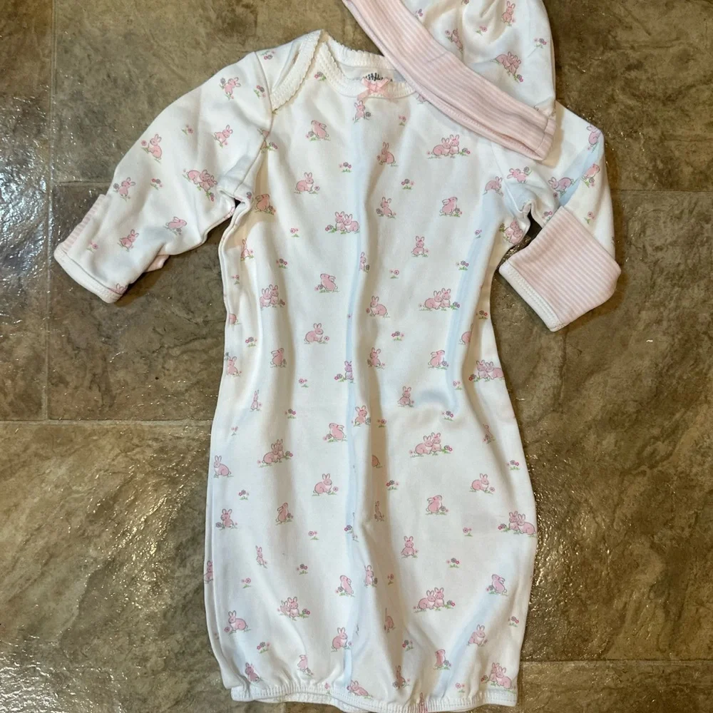 New Little Me Baby Girl 0-3 Months Bunny Sleeper Gown & Hat Matching Outfit